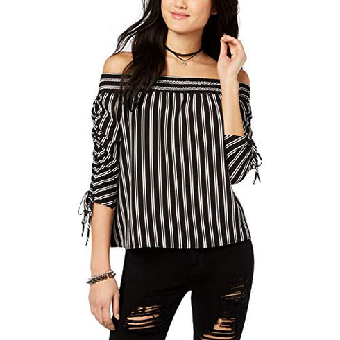Juniors' Striped Off-The-Shoulder Ruched-Sleeve Top